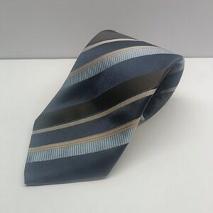 Hugo Boss Men's Blue Beige Striped Necktie Made in Italy 100%‎ SIlk 58in